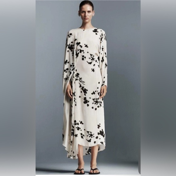 new zara Black and White Floral Maxi Dress printed art one sleeve - Picture 2 of 15